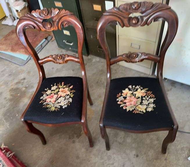 Pair of wooden rose back side chairs with needlepoint seats image