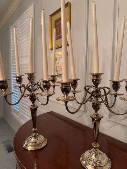 Pair of silver plate candelabras 15.5” tall with 5 candles each image