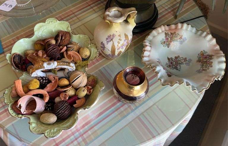 Porcelain 9” ruffled edge bowl, porcelain vase “Amphora” Bohemia, vase with gold overlay, double sided handled candy dish with potpourri image