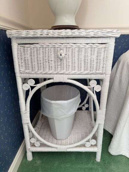 Pair of one drawer wicker nightstands 18" x 18" x 28", two ￼waste baskets image