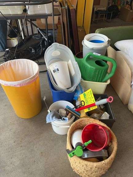Trash cans, watering can, wicker basket, spray bottle, towel bar, bathroom hardware, misc image