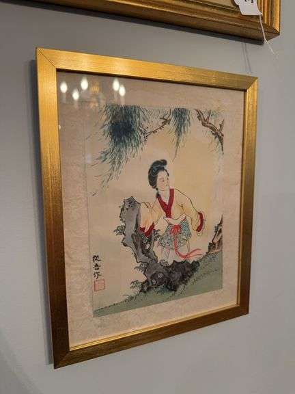 Pair of Asian style gilded gold framed pictures image