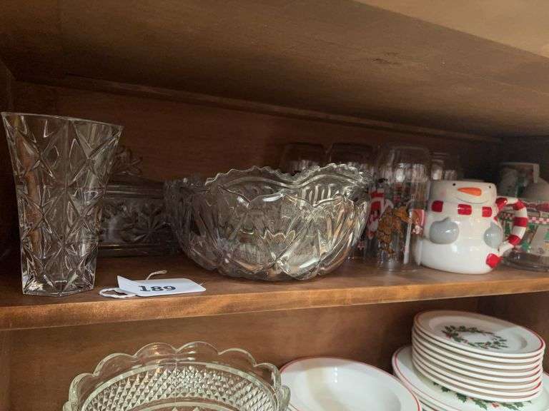 Pressed glass bowls, vases, Christmas mugs image