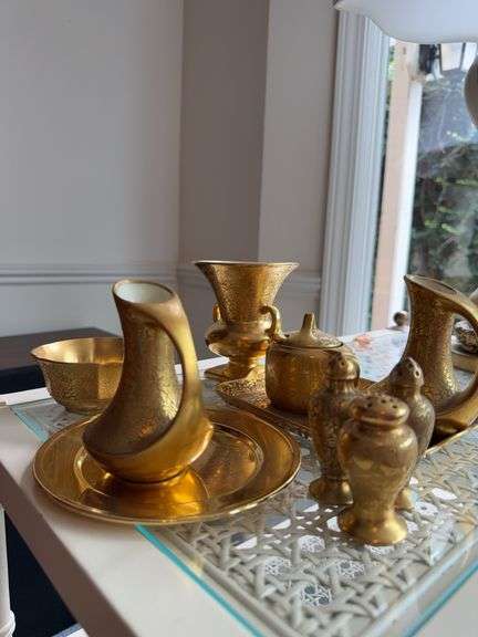 Wheeling Glass Company gold china vase, 2 creamers, small bowl, small tray, Stouffer salt and pepper(damaged), honey jar, small gold plate image