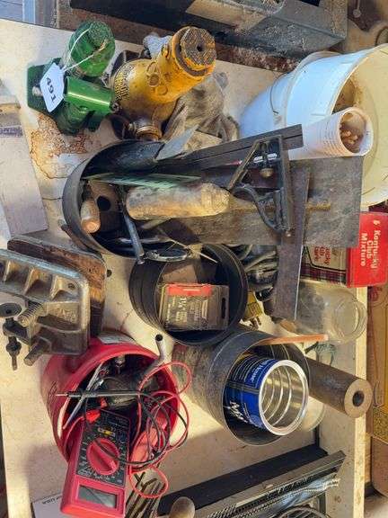 Bottle jacks, clamp, squares, hardware, multi meter, misc image