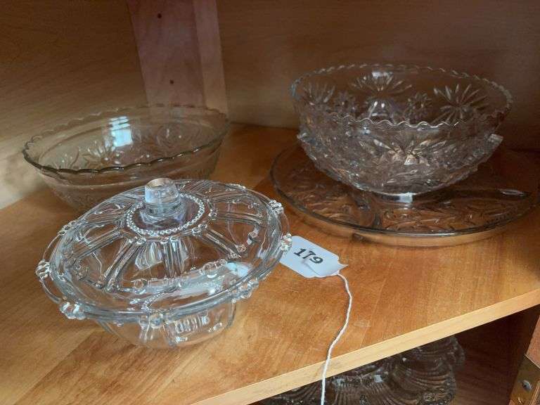 Pressed glass bowls, round tray, covered dish image