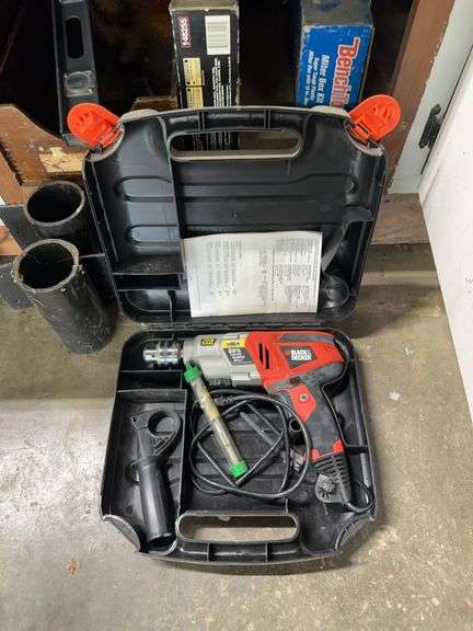 Black & decker corded drill, level, misc in cabinet image