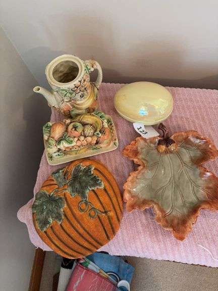 Pumpkin tray, dish, ceramic egg, coffee pot & no lid, butter dish image