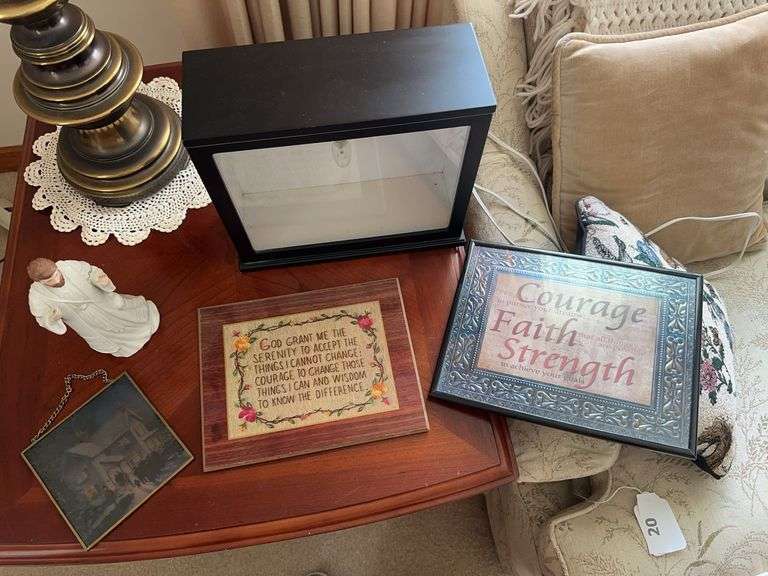 Religious figurine, stained glass picture wall hanging, 2 signs, lighted photo box image