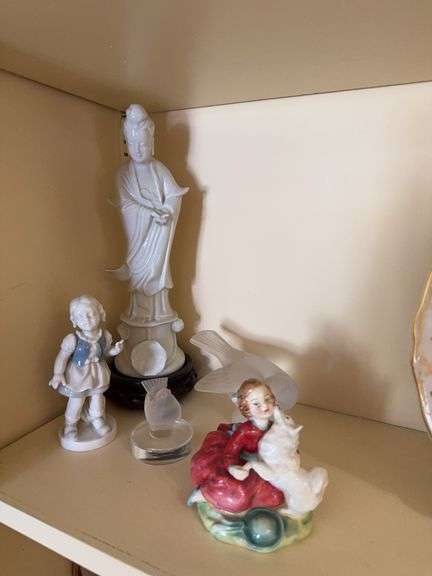 10” Japanese figurine on wood base, 5” German girl figurine, 3.5” Royal Doulton “Home Again” figurine, two signed frosted birds image