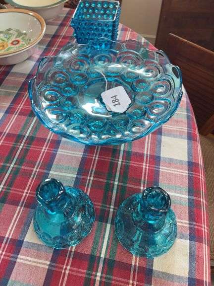 Blue moon & star cake stand, candle sticks, hobnail dish image
