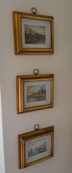 3 gold framed pictures of water scenes  6.5” x 7.5” image