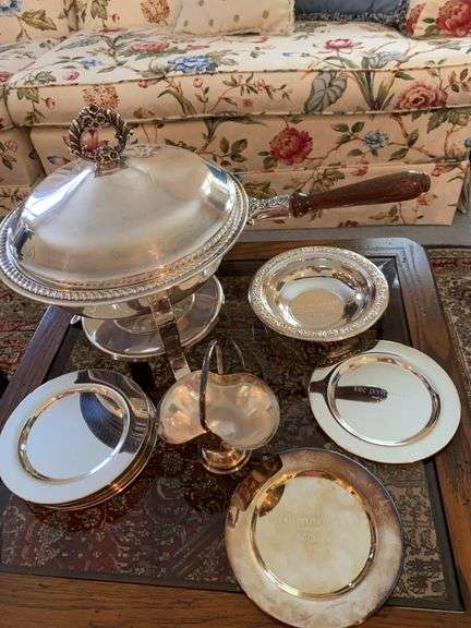 Chafing dish, 8-6” plates, 6” basket, 3 trophy pieces image
