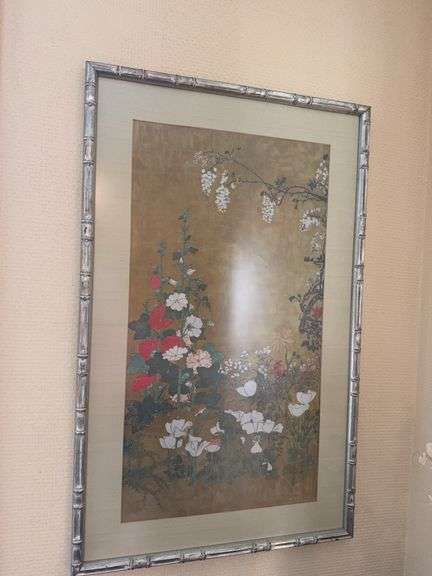 “Flowers” by Watanabe Shikō, bamboo style silver frame, 25”w x 40”h image