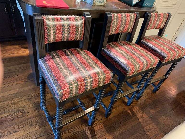 3 bar stools with vinyl seats and beaded legs image