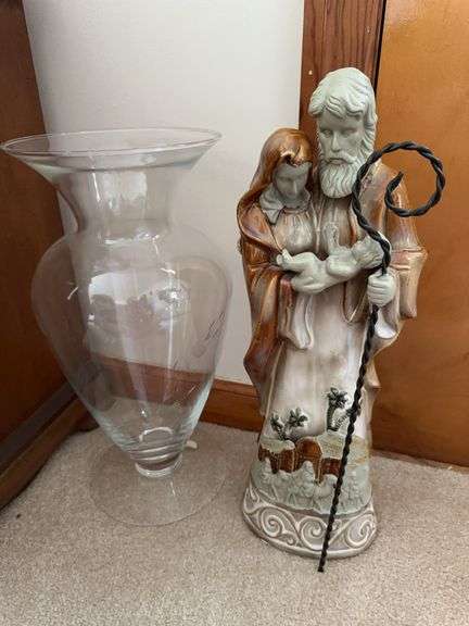 Religious statue 18” tall, clear glass vase with etching  16” tall image