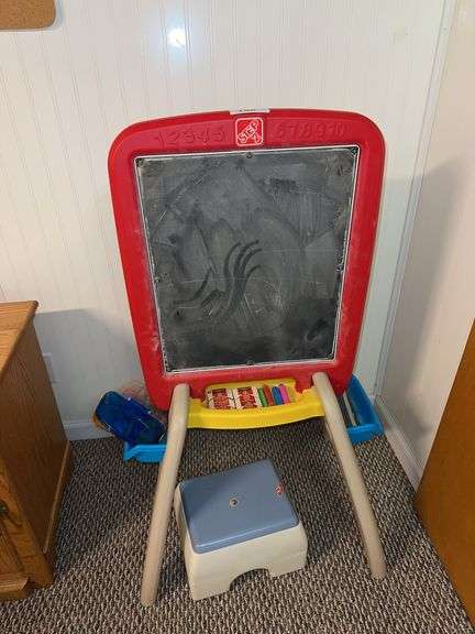 Child’s chalk board easel and white board, Little Tykes stool image