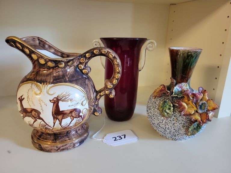 Vintage Blenko Glass Millennium Ruby Red Vase, Hubert Bequet Stag & Doe Pitcher (Belgium), Barbotine Majolica Vase image