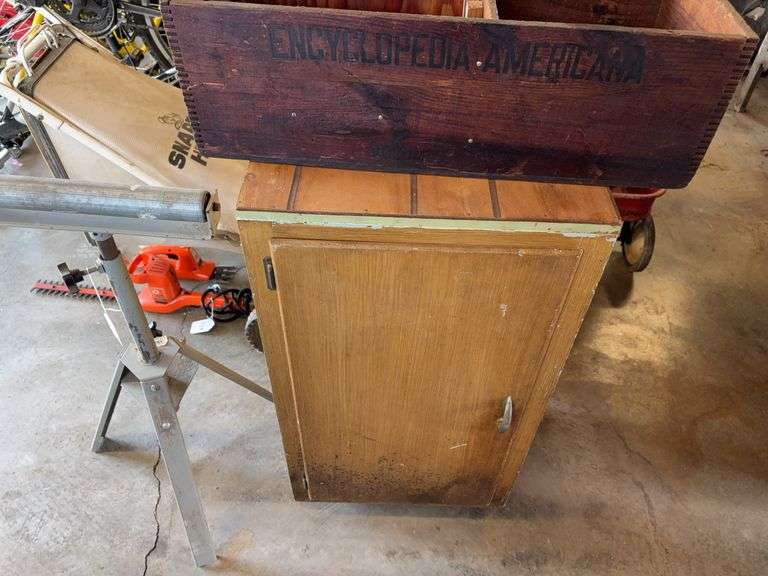 Roller helper stand, vintage Encyclopedia box, wood cabinet image