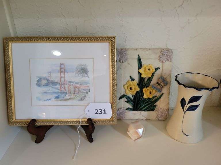 Williamsburg Pottery Vase,  Framed Painting, Stand, Daffodils Artwork Marble piece image