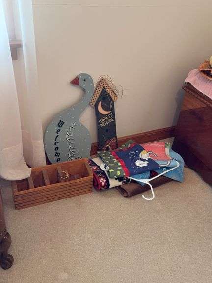 Goose cut out, harvest welcome sign, garden flags, divided box, misc image