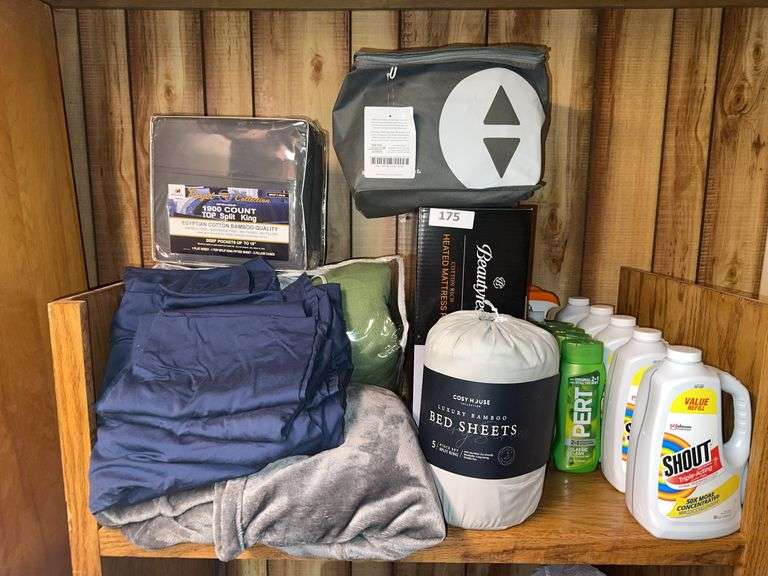 Bed sheets new, heated mattress pad Twin XL, heated blanket, 5 new bottles of Shout refills, 4 new bottles of Pert shampoo, 2 new Shout spray bottles image