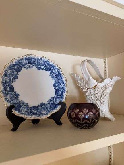Red cut to clear 3.5” bowl, 8”handled vase with legs (damaged), 8” plate blue rose “Heirloom” Germany image