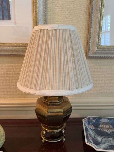 16” brass table lamp, ceramic pear, square hand painted decorative plate, flower Morimura plate image
