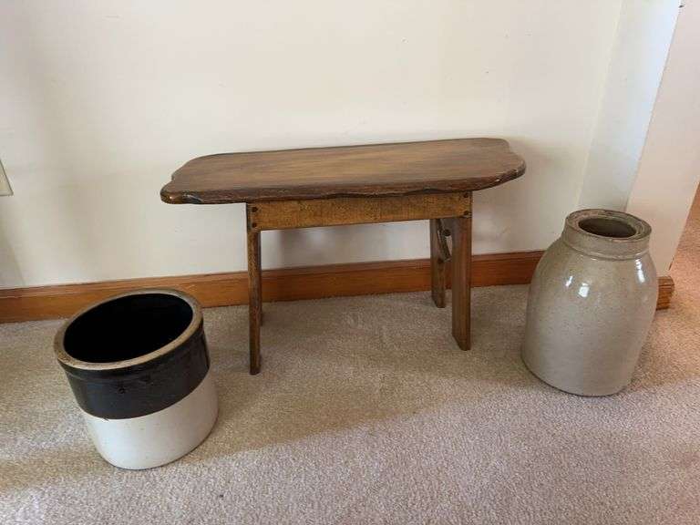 Handmade wooden stool/bench, crock with brown trim, crock jug image