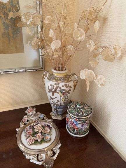 10” double handled vase with- Japan, Capodimonte Style Porcelain Flower Bouquet in Oval Frame Wall Plaque, Capodimonte jar with lid image