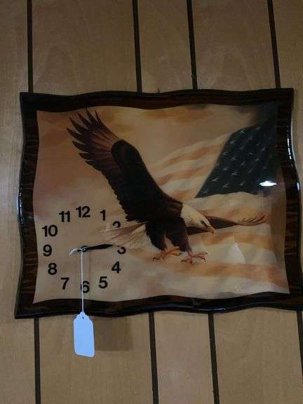 Vintage eagle wall clock 20” x 15.5”, matted and framed stream picture 22” x 18” image