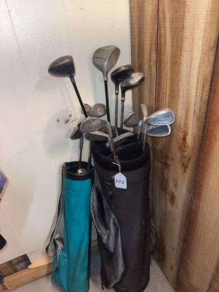 Misc golf clubs and junior golf bag, regular golf bag image