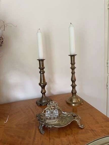 Pair of brass candleholders, brass ink well image