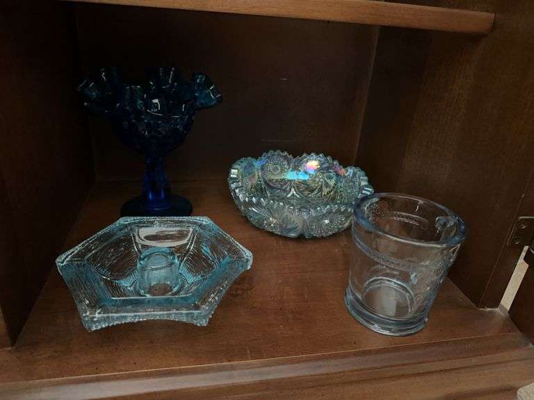 Fenton Colonial Blue Thumbprint Compote with Ruffled Crimped Rim, 
blue glass mug, Vintage ice blue glass tree bark L.E Smith 6 sided candle holder, iridescent carnival glass, bowl with a ruffled edge image