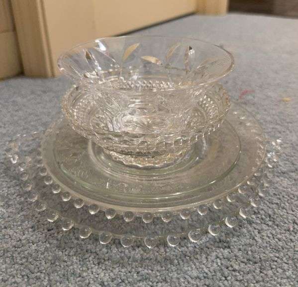 Clear glass dishes, candle wick plate, bowls, cheese dome, vase, bell and miscellaneous pieces, brass clip image
