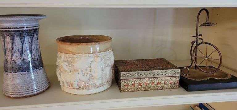 2 Pottery Pieces, Trinket Box, Decorative Metal Bicycle image