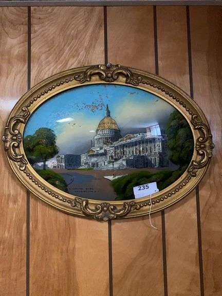 Vintage oval reverse glass painting of US Capital, 23” x 17”, small print copyright 1938 the Buzza Co. 5.5” x 6.5” image