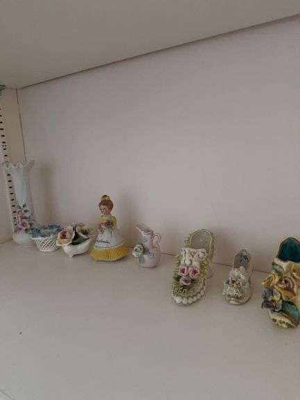 Lefton china vase 6 1/2", September girl figure 4", Staffordshire basket, Aristocrat flower figurine, 3 china shoes image