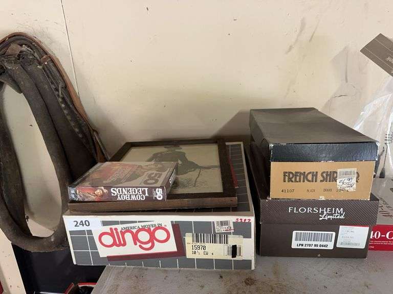 Dingo 10.5 Black boots, 2 pair of dress shoes, framed cowboy, dvds, horse harness image
