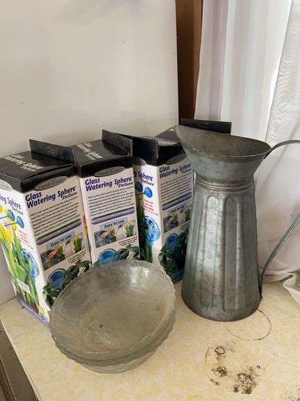 Glass watering spheres, 14” watering pitcher, 3 glass bowls image