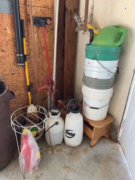 2 sprayers, flower pot, lawn tractor ramps, Misc garden tools, buckets and supplies image
