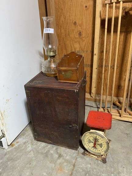 Vintage scale, oil lamp, kitchen box, record cabinet image