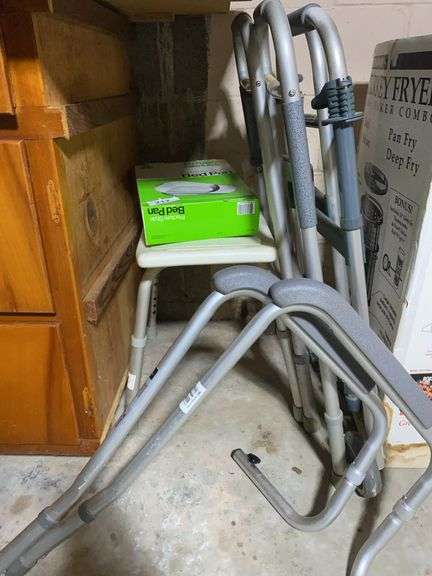 Convalescent supplies, shower bench, 2 walkers, toilet seat handles, bed pan image
