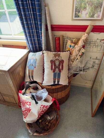 Large basket, nutcracker pillows, wrapping paper, miscellaneous Christmas image