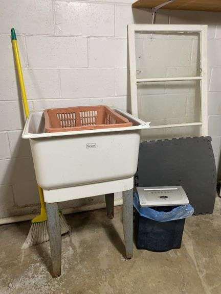 Free standing wash tub, vintage 4 panel window pane, white enamel bowl, floor mats image