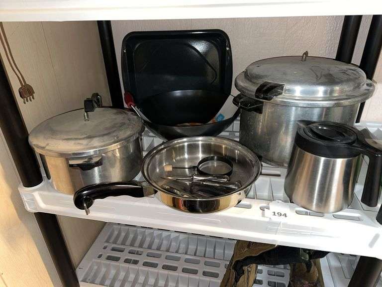 Pressure cookers, WOK, skillet, utensils, coffee carafe image