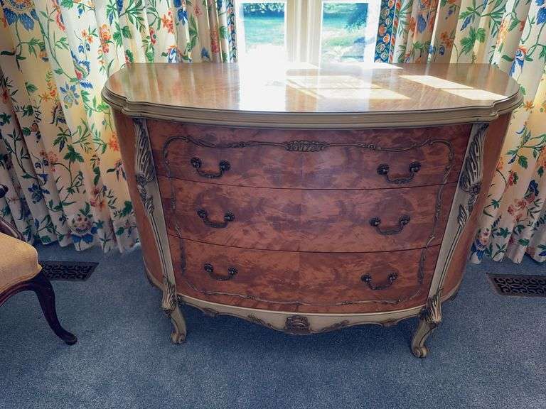 Antique French style 3 drawer chest with burl wood and dove joints o image
