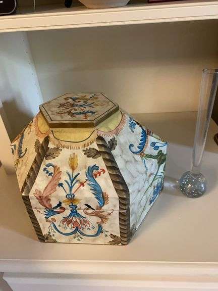 10” controlled bubble bud vase, 12” wide wood hinged hexagon box hand painted image