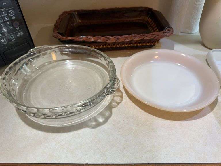 Fire King baking dish, 2 Pyrex pie dishes, casserole dish with wicker carrier image