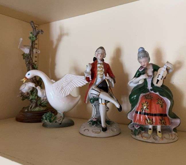 Pair Victorian 6” figurines Japan, 4” goose Norcrest Japan, doves on branch figurine image